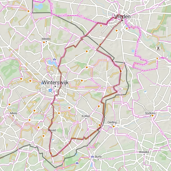 Karten-Miniaturansicht der Radinspiration "Gravel-Tour von Vreden nach Woold und Gaxel" in Münster, Germany. Erstellt vom Tarmacs.app-Routenplaner für Radtouren