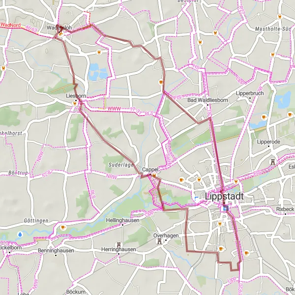 Karten-Miniaturansicht der Radinspiration "Graveltour durch Lippstadt und Liesborn" in Münster, Germany. Erstellt vom Tarmacs.app-Routenplaner für Radtouren