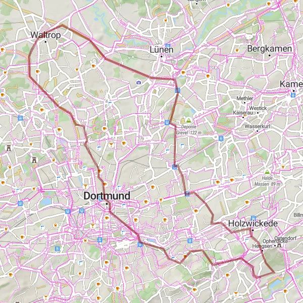 Map miniature of "The Gravel Tour through Waltrop and Dortmund" cycling inspiration in Münster, Germany. Generated by Tarmacs.app cycling route planner