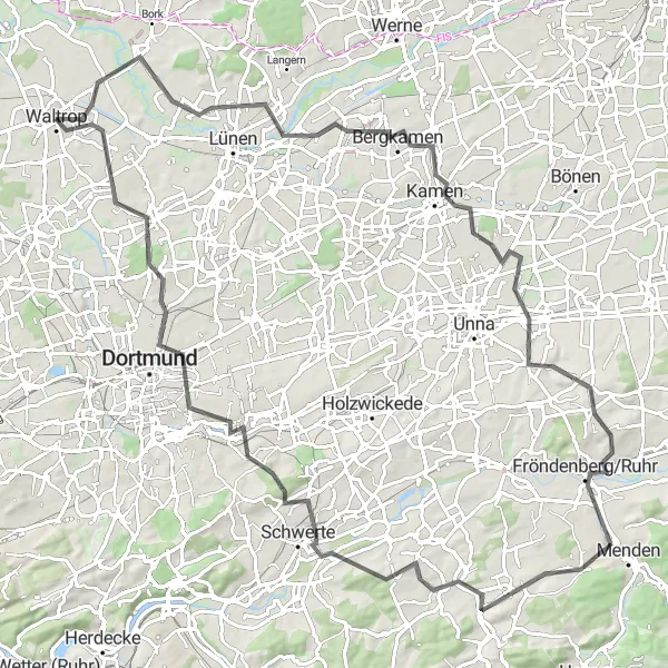 Karten-Miniaturansicht der Radinspiration "100 km Rundtour durch das Ruhrgebiet" in Münster, Germany. Erstellt vom Tarmacs.app-Routenplaner für Radtouren