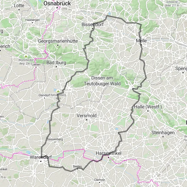 Map miniature of "The Harsewinkel Challenge" cycling inspiration in Münster, Germany. Generated by Tarmacs.app cycling route planner