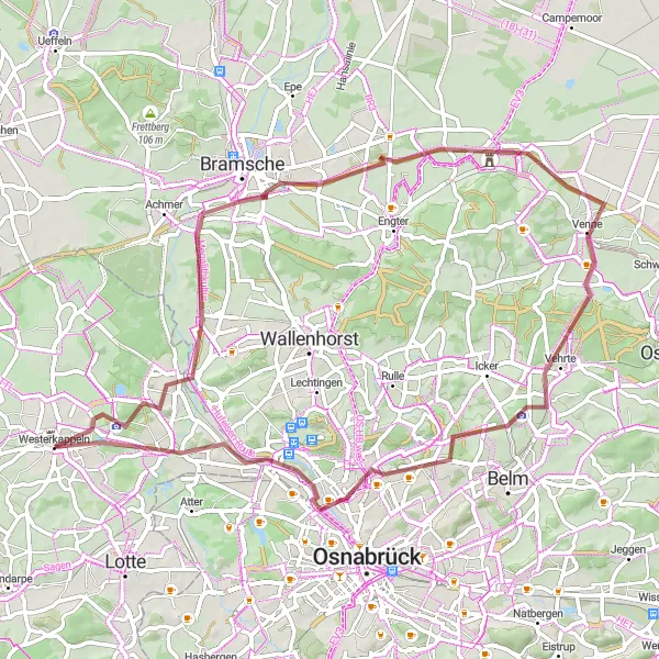 Map miniature of "Westerkappeln - Kahlen-Hügel - Lappenstuhl - Gattberg - Butterstein - Eversburg - Gabelin" cycling inspiration in Münster, Germany. Generated by Tarmacs.app cycling route planner