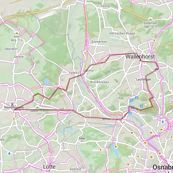 Map miniature of "Westerkappeln - Kahlen-Hügel - Wallenhorst - Piesberg - Eversburg - Gabelin" cycling inspiration in Münster, Germany. Generated by Tarmacs.app cycling route planner