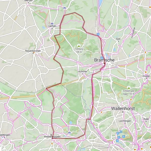 Map miniature of "Exploring Westerkappeln's Gravel Pathways" cycling inspiration in Münster, Germany. Generated by Tarmacs.app cycling route planner