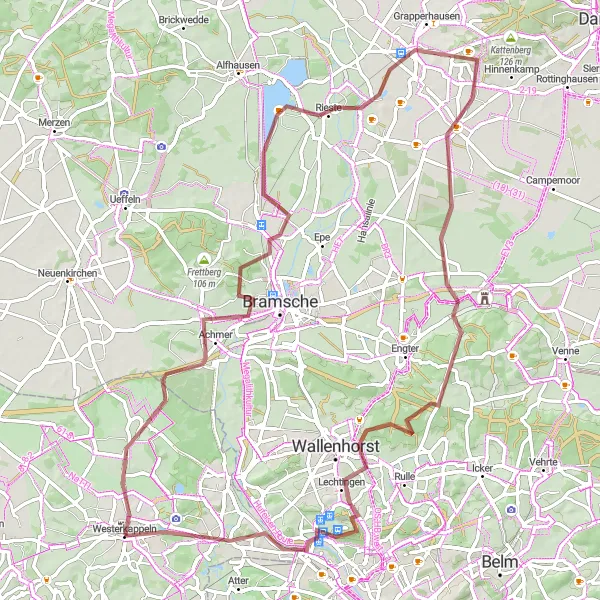 Map miniature of "The Hilly Gravel Adventure" cycling inspiration in Münster, Germany. Generated by Tarmacs.app cycling route planner