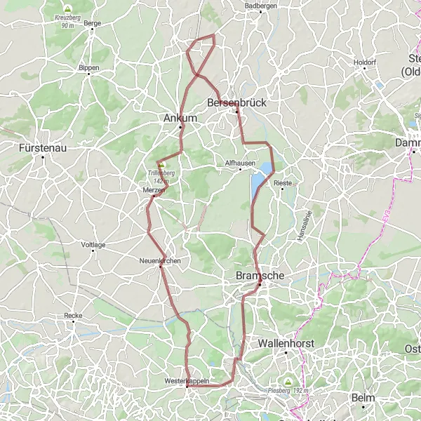 Map miniature of "Gravel Challenge: Exploring the Countryside" cycling inspiration in Münster, Germany. Generated by Tarmacs.app cycling route planner