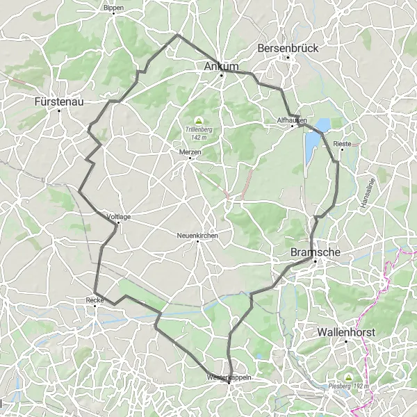 Map miniature of "Westerkappeln - Recke - Schwagstorf - Alfhausen - Bramsche" cycling inspiration in Münster, Germany. Generated by Tarmacs.app cycling route planner