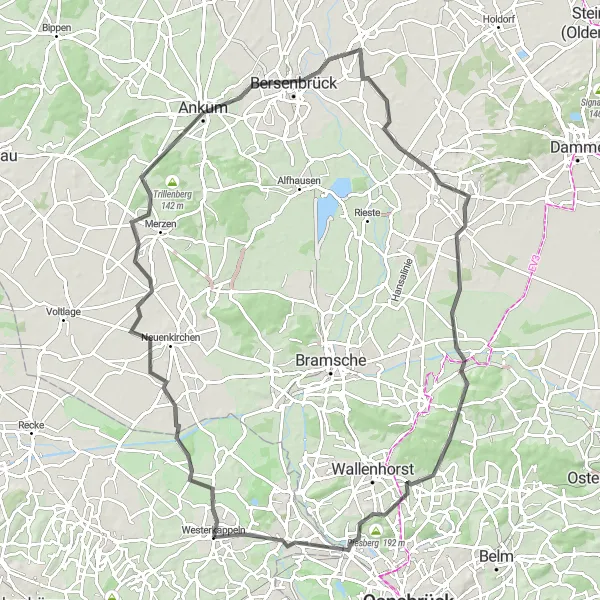 Map miniature of "Westerkappeln - Schachsel - Sudmerzen - Bersenbrück - Vörden - Steinberg - Eversburg - Gabelin" cycling inspiration in Münster, Germany. Generated by Tarmacs.app cycling route planner