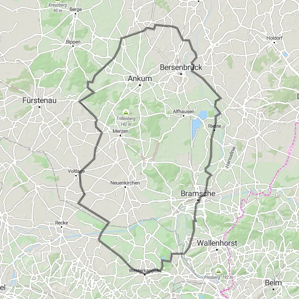 Map miniature of "Westerkappeln - Voltlage - Eggermühlen - Bieste - Bramsche - Halen - Gabelin" cycling inspiration in Münster, Germany. Generated by Tarmacs.app cycling route planner