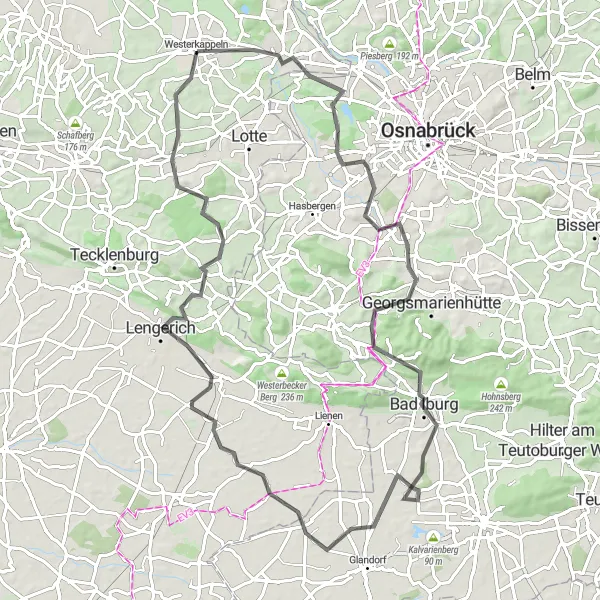 Map miniature of "Westerkappeln Highlights Road Cycling Route" cycling inspiration in Münster, Germany. Generated by Tarmacs.app cycling route planner