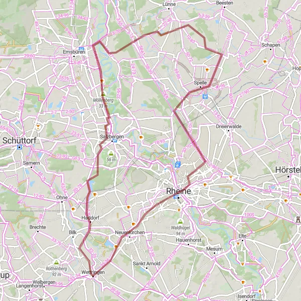 Map miniature of "Emswehr Gravel Challenge" cycling inspiration in Münster, Germany. Generated by Tarmacs.app cycling route planner