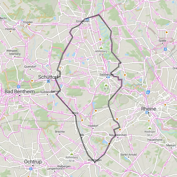 Map miniature of "Emsbüren Road Adventure" cycling inspiration in Münster, Germany. Generated by Tarmacs.app cycling route planner