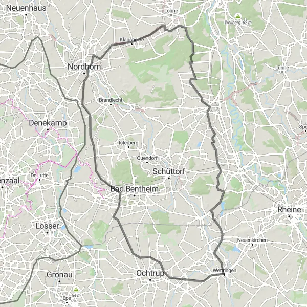 Map miniature of "Nordhorn and Emsbüren Ultimate Challenge" cycling inspiration in Münster, Germany. Generated by Tarmacs.app cycling route planner