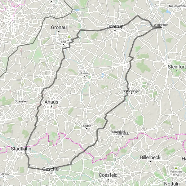 Map miniature of "Artistic Schöppingen" cycling inspiration in Münster, Germany. Generated by Tarmacs.app cycling route planner