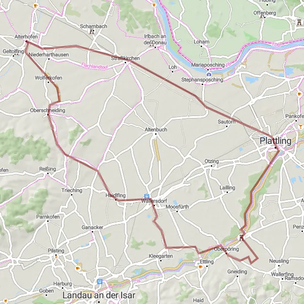 Map miniature of "Scenic Gravel Tour through Aiterhofen and Surroundings" cycling inspiration in Niederbayern, Germany. Generated by Tarmacs.app cycling route planner