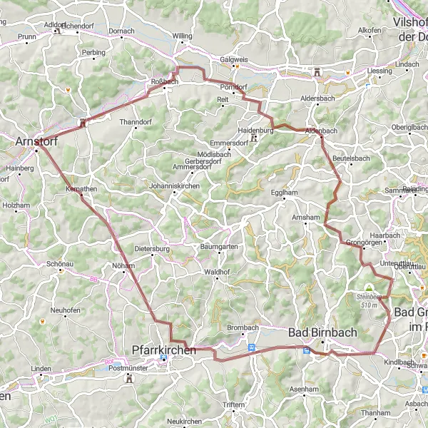 Map miniature of "Journey Through Gravel Valleys: An Arnstorf Loop" cycling inspiration in Niederbayern, Germany. Generated by Tarmacs.app cycling route planner