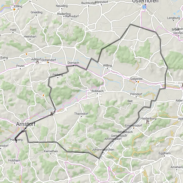 Map miniature of "Mariakirchen - Arnstorf Loop" cycling inspiration in Niederbayern, Germany. Generated by Tarmacs.app cycling route planner