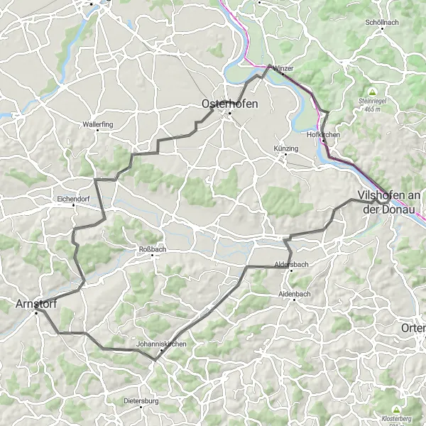 Map miniature of "Osterhofen - Aldersbach Loop" cycling inspiration in Niederbayern, Germany. Generated by Tarmacs.app cycling route planner