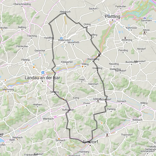Map miniature of "Countryside Escape: Aufhausen to Eichendorf" cycling inspiration in Niederbayern, Germany. Generated by Tarmacs.app cycling route planner