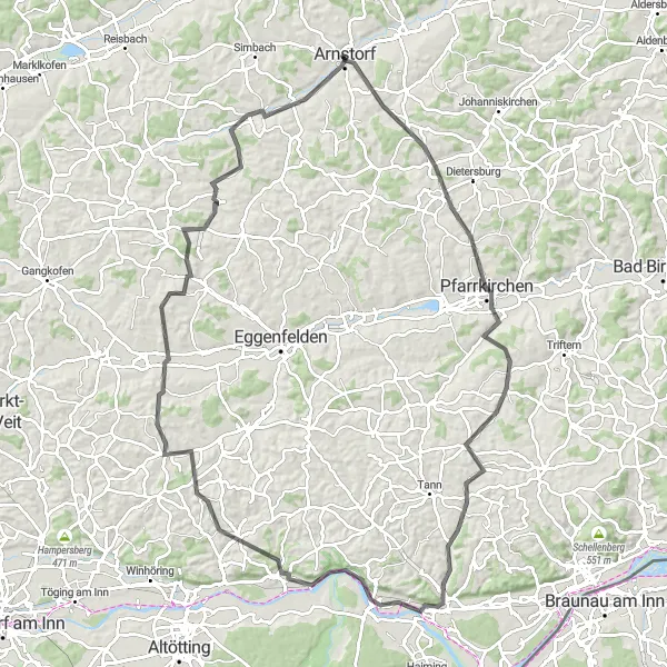 Map miniature of "The Country Road Expedition: Arnstorf Circuit" cycling inspiration in Niederbayern, Germany. Generated by Tarmacs.app cycling route planner