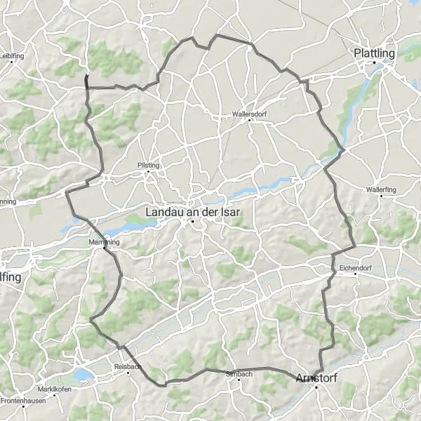 Map miniature of "Arnstorf - Simbach Loop" cycling inspiration in Niederbayern, Germany. Generated by Tarmacs.app cycling route planner