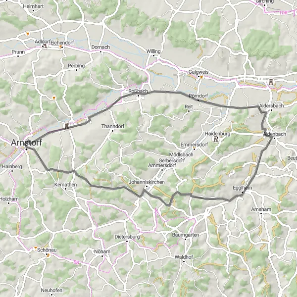 Map miniature of "Arnstorf - Roßbach Loop" cycling inspiration in Niederbayern, Germany. Generated by Tarmacs.app cycling route planner