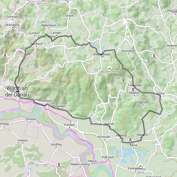 Karten-Miniaturansicht der Radinspiration "Hügelige Straßen und malerische Burgen" in Niederbayern, Germany. Erstellt vom Tarmacs.app-Routenplaner für Radtouren