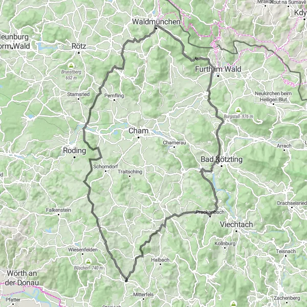 Karten-Miniaturansicht der Radinspiration "Berge und Täler um Ascha" in Niederbayern, Germany. Erstellt vom Tarmacs.app-Routenplaner für Radtouren