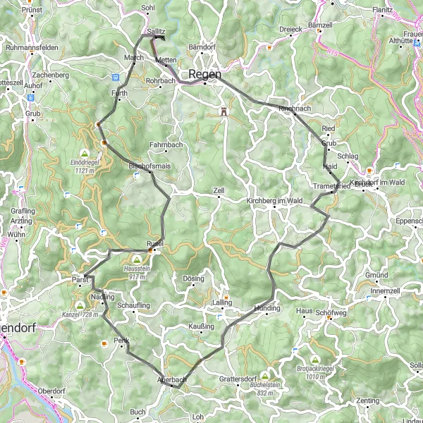 Map miniature of "The Greising Challenge" cycling inspiration in Niederbayern, Germany. Generated by Tarmacs.app cycling route planner