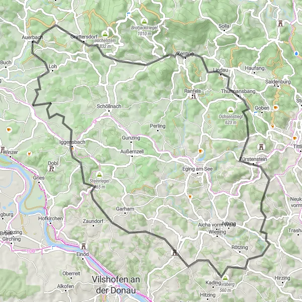 Map miniature of "The Eisenberg Adventure" cycling inspiration in Niederbayern, Germany. Generated by Tarmacs.app cycling route planner