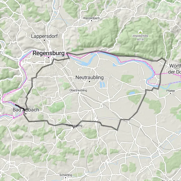 Karten-Miniaturansicht der Radinspiration "Road-Tour entlang der Donau bis nach Thalmassing" in Niederbayern, Germany. Erstellt vom Tarmacs.app-Routenplaner für Radtouren