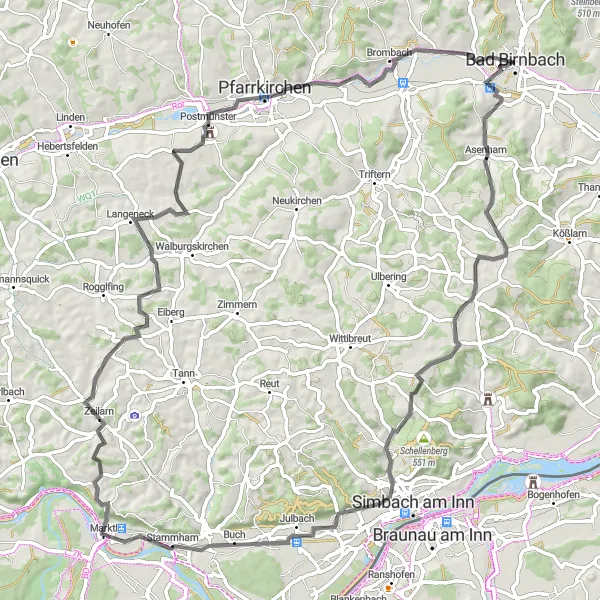 Map miniature of "Postmünster Road Adventure" cycling inspiration in Niederbayern, Germany. Generated by Tarmacs.app cycling route planner