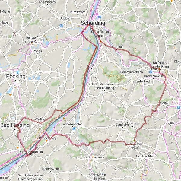 Map miniature of "Innkreis Gravel Adventure" cycling inspiration in Niederbayern, Germany. Generated by Tarmacs.app cycling route planner