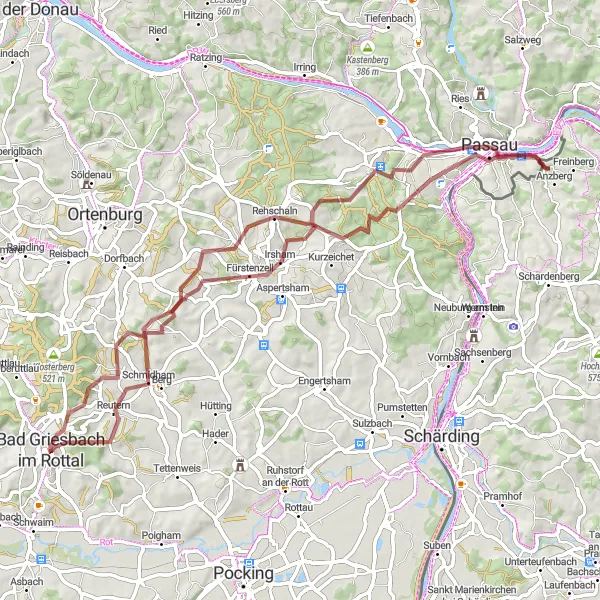 Karten-Miniaturansicht der Radinspiration "Gravel-Abenteuer nach Passau" in Niederbayern, Germany. Erstellt vom Tarmacs.app-Routenplaner für Radtouren