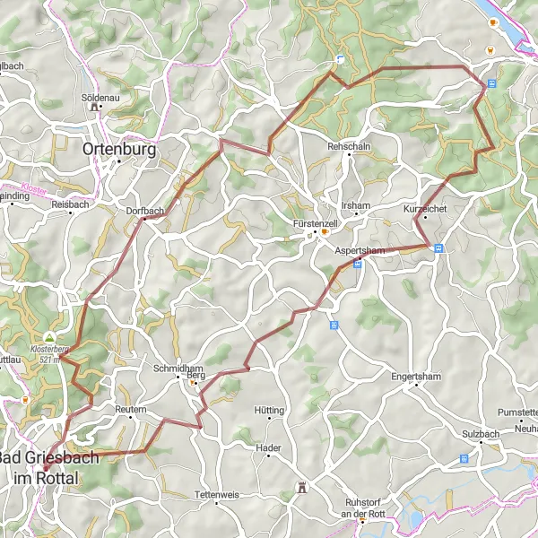 Map miniature of "Nature and Adventure Gravel Route" cycling inspiration in Niederbayern, Germany. Generated by Tarmacs.app cycling route planner
