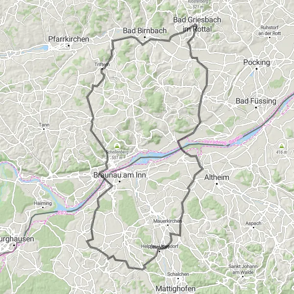 Karten-Miniaturansicht der Radinspiration "Große Tour durchs Innviertel" in Niederbayern, Germany. Erstellt vom Tarmacs.app-Routenplaner für Radtouren