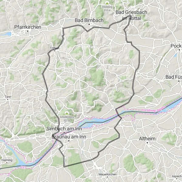 Karten-Miniaturansicht der Radinspiration "Panorama-Tour durch Ering und Triftern" in Niederbayern, Germany. Erstellt vom Tarmacs.app-Routenplaner für Radtouren