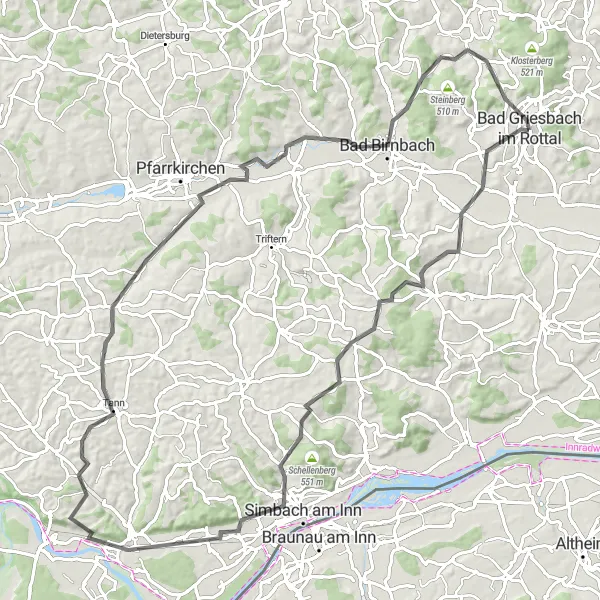 Karten-Miniaturansicht der Radinspiration "Rund um Bad Griesbach und Julbach" in Niederbayern, Germany. Erstellt vom Tarmacs.app-Routenplaner für Radtouren