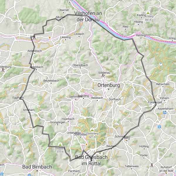 Karten-Miniaturansicht der Radinspiration "Donautal-Runde von Bad Griesbach" in Niederbayern, Germany. Erstellt vom Tarmacs.app-Routenplaner für Radtouren