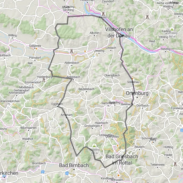 Karten-Miniaturansicht der Radinspiration "Rundtour durch Niederbayern" in Niederbayern, Germany. Erstellt vom Tarmacs.app-Routenplaner für Radtouren