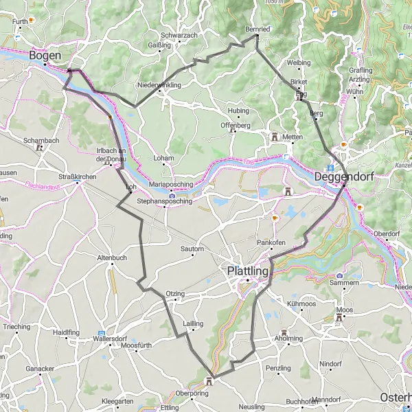 Map miniature of "Bernried to Geißberg Loop" cycling inspiration in Niederbayern, Germany. Generated by Tarmacs.app cycling route planner