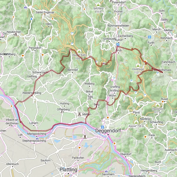 Map miniature of "The Hidden Gems" cycling inspiration in Niederbayern, Germany. Generated by Tarmacs.app cycling route planner