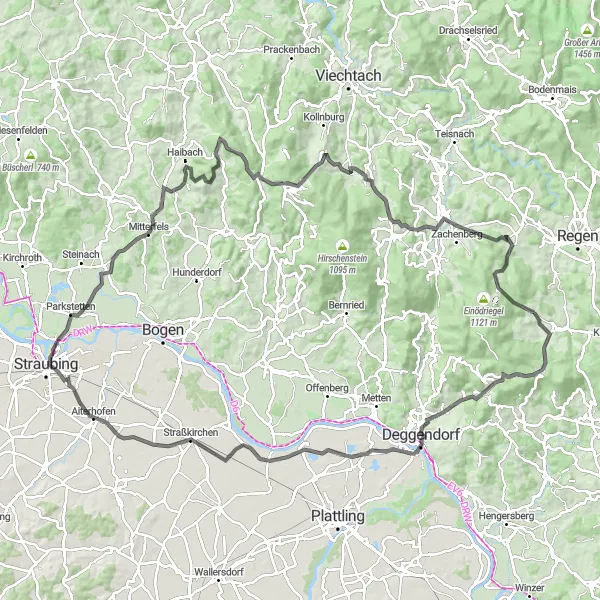 Map miniature of "The Bavarian Forest Loop" cycling inspiration in Niederbayern, Germany. Generated by Tarmacs.app cycling route planner