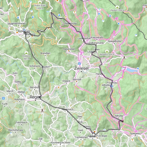 Karten-Miniaturansicht der Radinspiration "Regenhütte - Frauenau - Anis Rundfahrt" in Niederbayern, Germany. Erstellt vom Tarmacs.app-Routenplaner für Radtouren