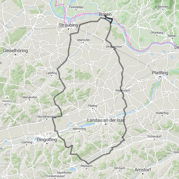 Karten-Miniaturansicht der Radinspiration "Radweg um Bogenberg und Gottfrieding" in Niederbayern, Germany. Erstellt vom Tarmacs.app-Routenplaner für Radtouren