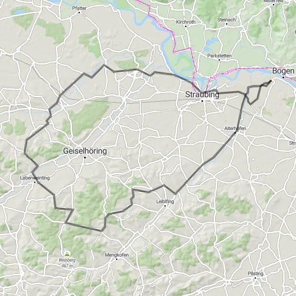 Map miniature of "A Journey through Aiterhofen to Atting" cycling inspiration in Niederbayern, Germany. Generated by Tarmacs.app cycling route planner