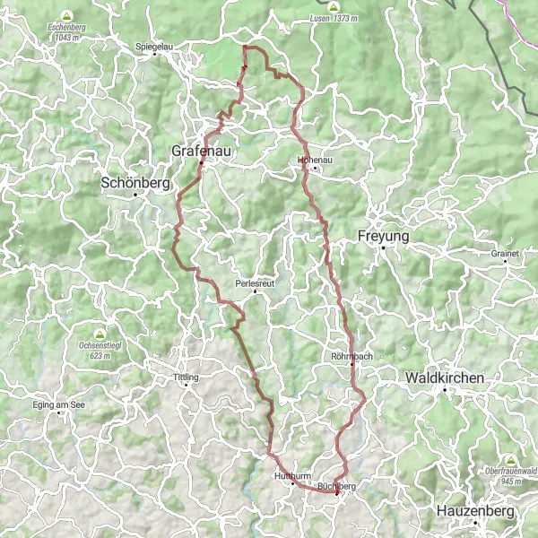 Map miniature of "Discover the Breathtaking Beauty of Niederbayern: Hutthurm to Büchlberg" cycling inspiration in Niederbayern, Germany. Generated by Tarmacs.app cycling route planner