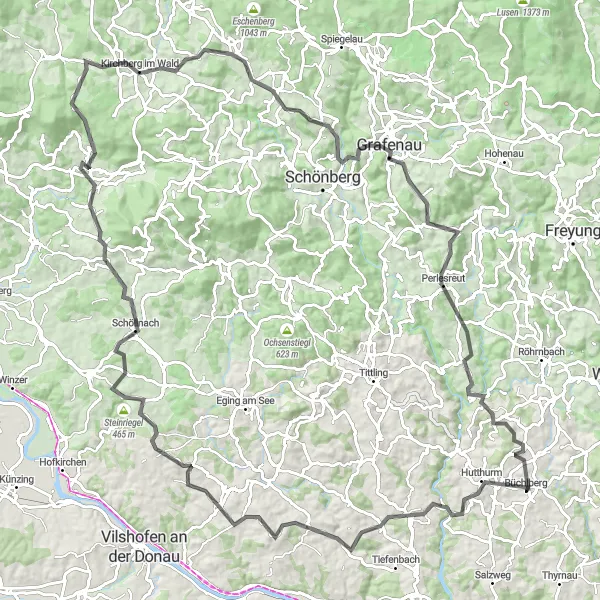 Map miniature of "Adventure through Kirchberg vorm Wald and Büchlberg" cycling inspiration in Niederbayern, Germany. Generated by Tarmacs.app cycling route planner