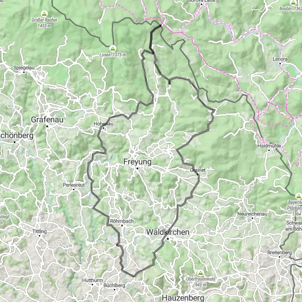 Map miniature of "Hohenau and Almberg Road Cycling Route" cycling inspiration in Niederbayern, Germany. Generated by Tarmacs.app cycling route planner