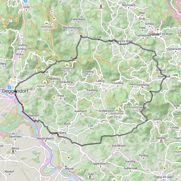 Map miniature of "Bavarian Forest Adventure" cycling inspiration in Niederbayern, Germany. Generated by Tarmacs.app cycling route planner